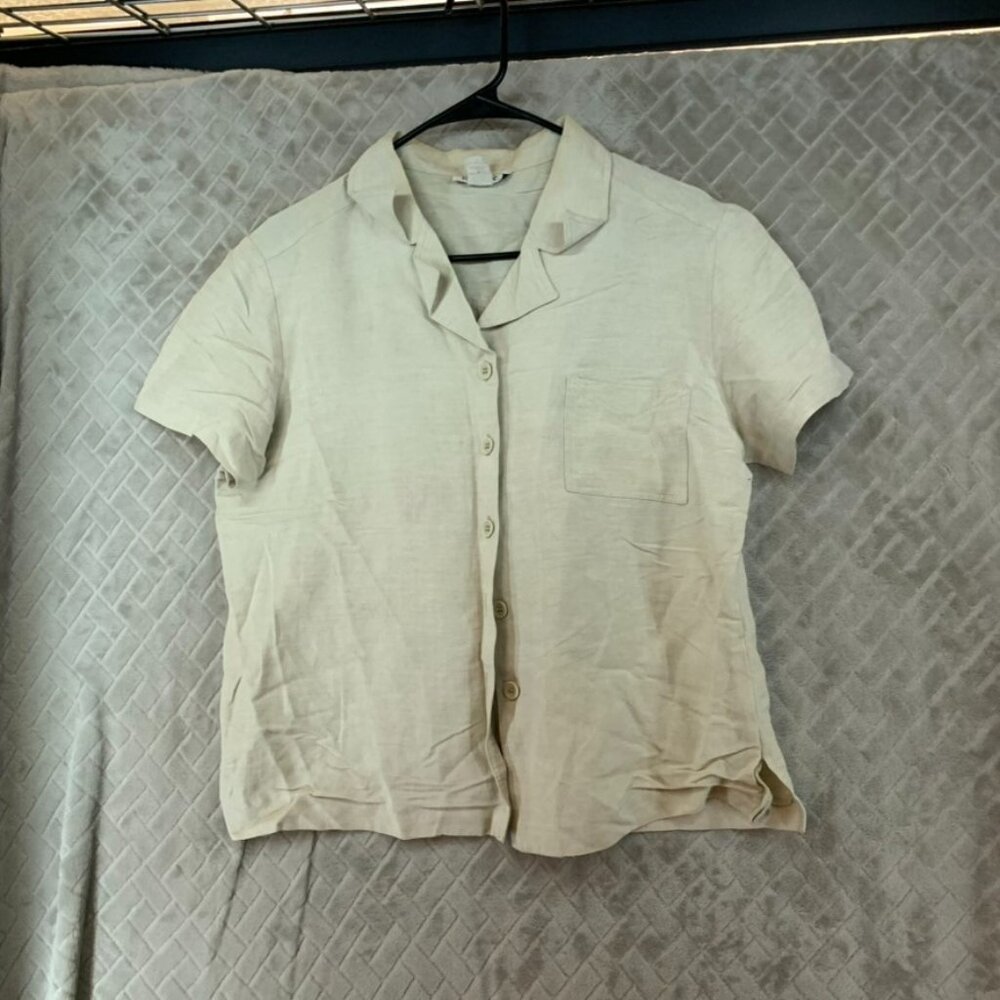 Rexx Ltd Womens 10 Linen Blend Shirt Beige Button Up Short Sleeve Lagenlook Boho